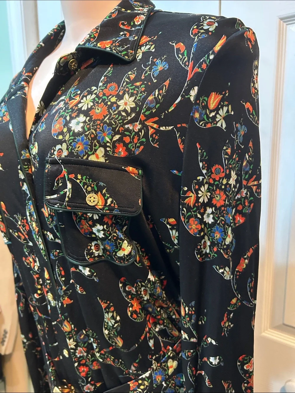 Tory Burch Black Floral Long Sleeve Shirt Dress